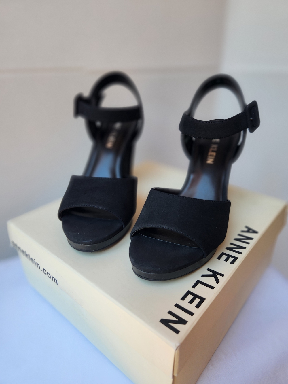 Anne Klein Black Suede Open-Toe Ankle Strap Dress Heels